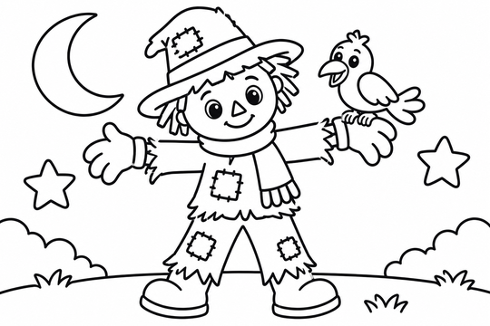 Smiling scarecrow colouring picture